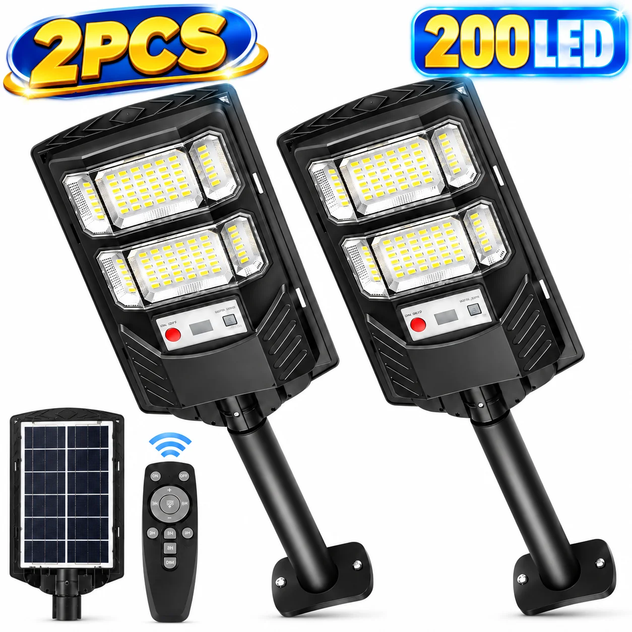 2PCS 200LED Solar Lights Outdoor, Solar Security Lights with Remote Control, Ultra Bright LED Wall Light, IP65 Waterproof Solar Powered Lamp, Motion Sensor Light for Garden, Garage, Fence, Patio, Driveway and Home