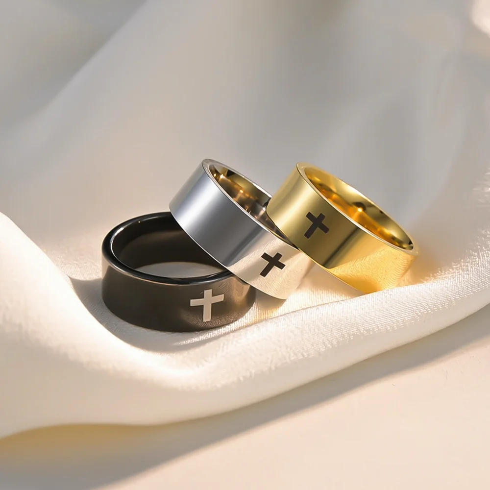 Christlicher Kreuzring für Männer, breiter schwarzer Schmuckring, religiöser Ring in Gold- oder Silberfarbe, polierter Symbol-Statement-Ring – Detail 1