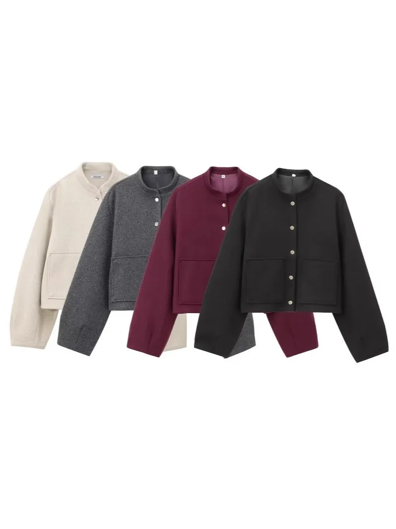 Pocket Stand Collar Coat Short Length Streetwear with Button Front Single Breasted Multi Button Closure No Hood Women Jacket