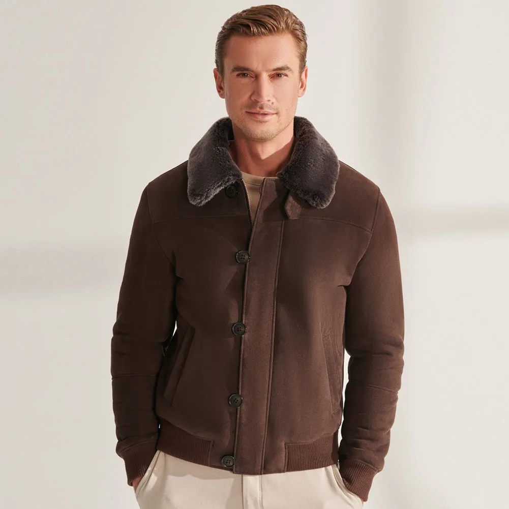 

Denny&Dora Men's Brown Shearling Jacket - Mens Shearling Bomber Jacket, Short Sheepskin Coat