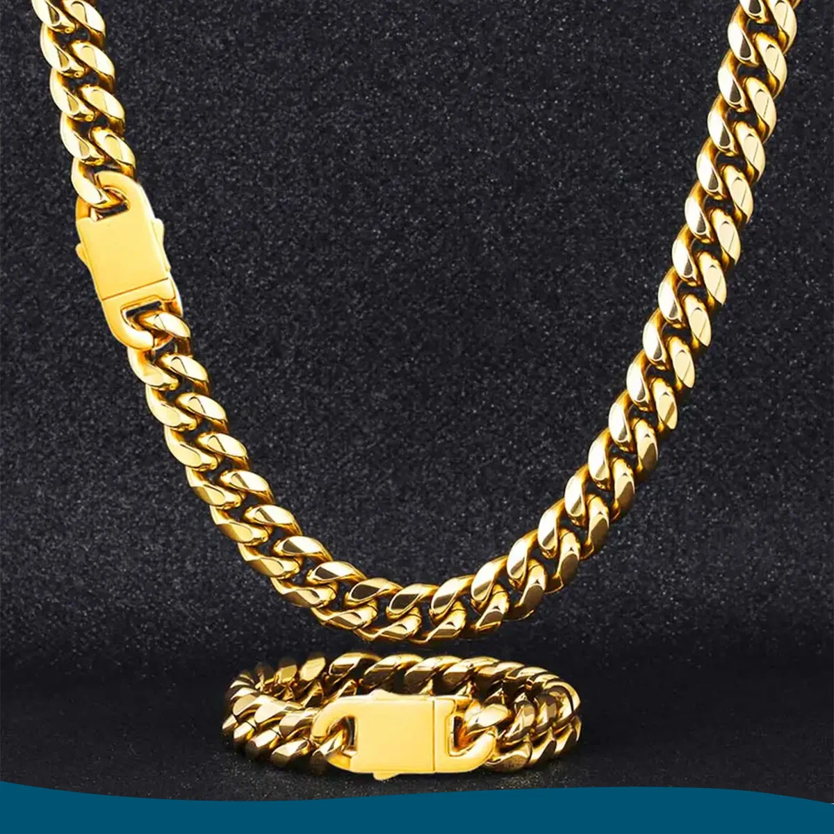 

8mm Cuban Link Chains for Men, Gold and Stainless Steel Necklace and Bracelet