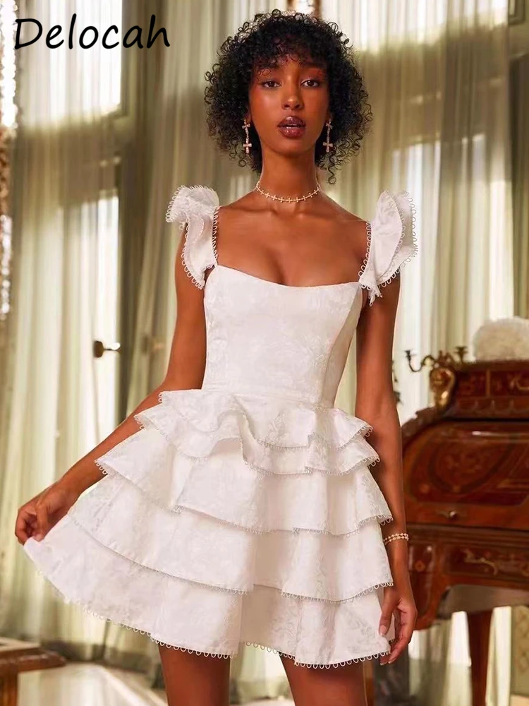 

Delocah High Quality Autumn Women Fashion Designer Mini Dress Sleeveless High Waist Solid High Waist Ruffles Hem Cake Dresses