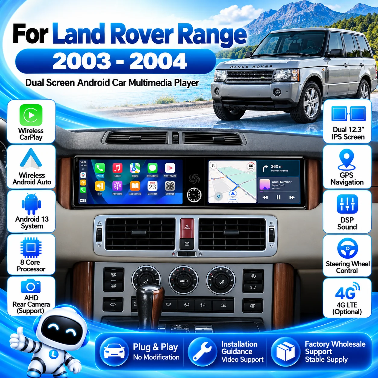 Dual Screen 12.3 Inch Android 13 CarPlay Car Radio For Land Rover Range Executive 2003-2004 Touch Screen Multimedia Player GPS