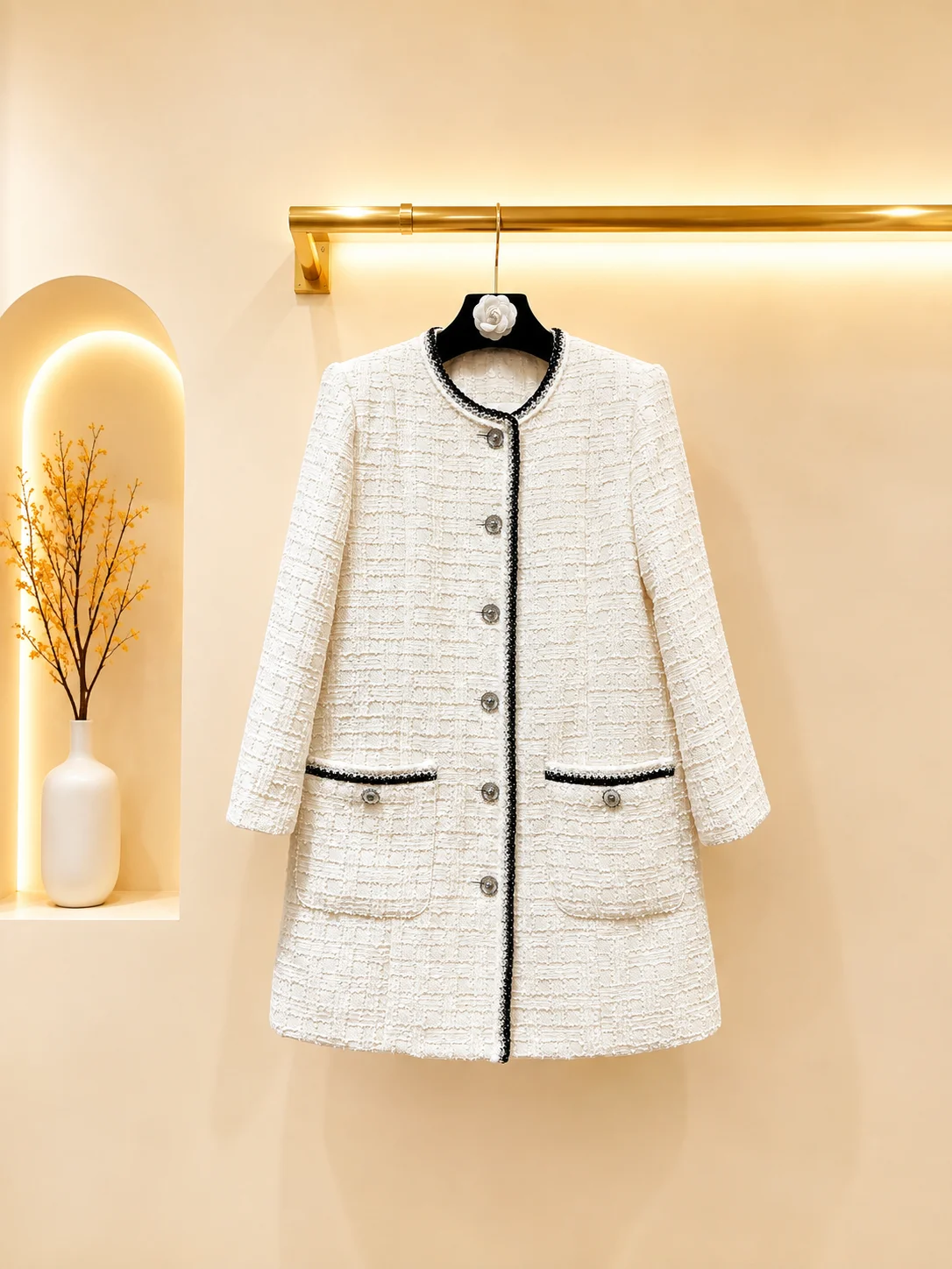 2026 Women Tweed Jacket Mid‑Length Round Neck Weave Fabric Contrast Tape Trim Metal Button Closure