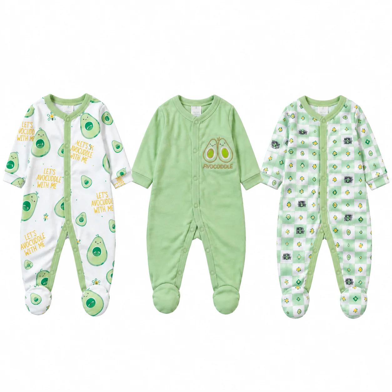 3Pcs Baby Footed Rompers 0-6 Months Long Sleeve Avocado Print Cute Infant Clothes Boys Girls Everyday Outfit Set