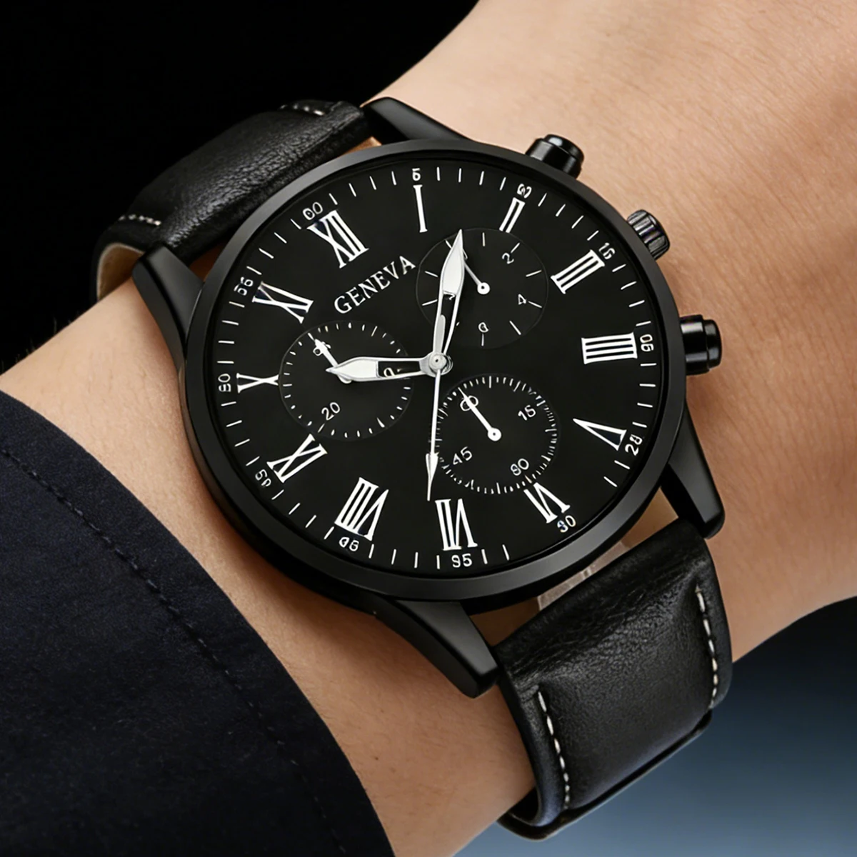 4-Piece Black Men's Watch Set, Business Fashion Versatile Roman Numeral Dial Quartz Watch, Bracelet, Necklace, Ring Set, Perfect Gift