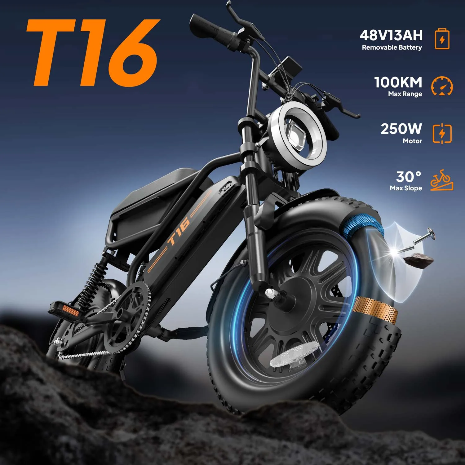 URLIFE 16*3 Zoll Fat E-Bike Rip 48V mit herausnehmbarem Akku, Geschwindigkeit 25 km/h, elektrisches Mountainbike für Erwachsene