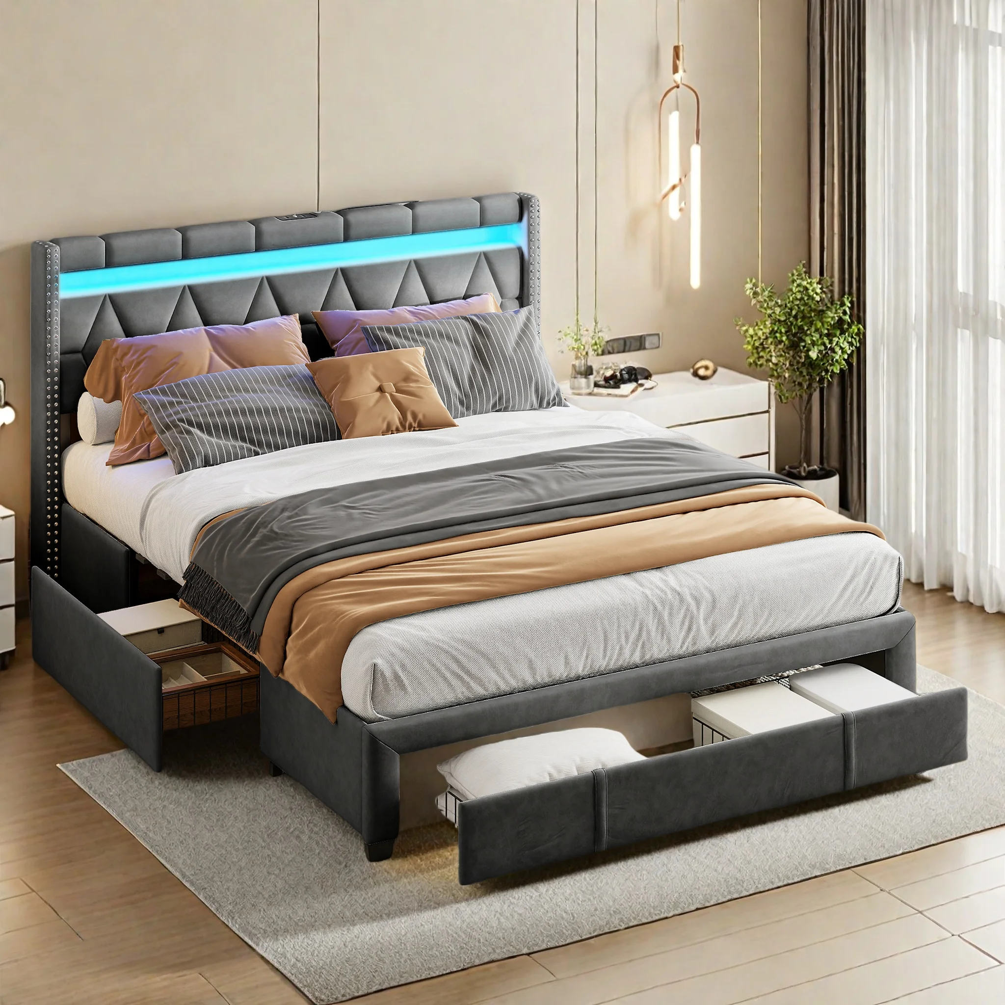 ROSAHQNDA Letto imbottito con Cassetti، Letto الزواجية Moderno in Lino، testiera Unica a LED con porte USB، Sans Materasso