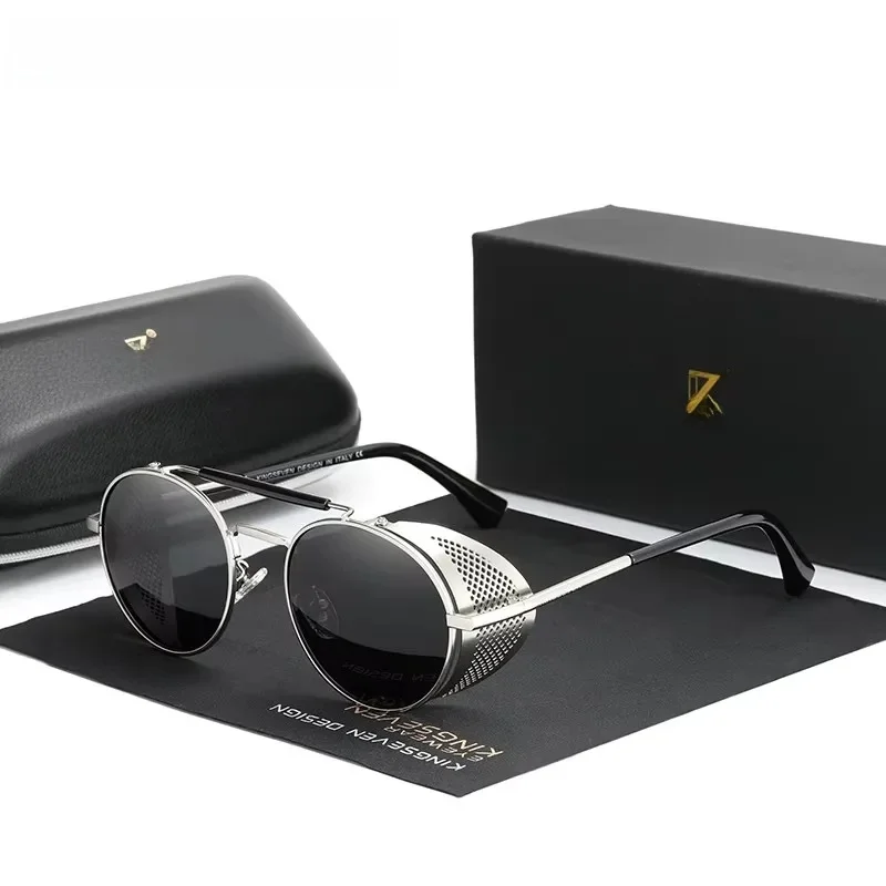 KINGSEVEN Fashion Gothic Steampunk okulary przeciwsłoneczne spolaryzowane UV400 mężczyźni kobiety nowy projektant okulary w stylu vintage okrągłe okulary z oprawkami pilotkowymi — zdjęcie 2