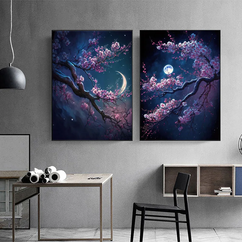 Fantasy Pulm Blossoms Canvas Painting Posters Abstract Prints Night Scence Wall Art Pictures for Living Room Home Decor No Frame