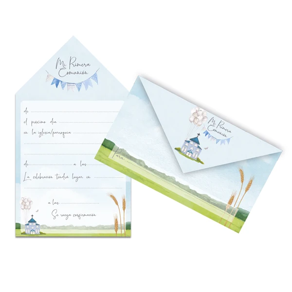 ARGUVAL | 2 Blisters 10 invitations on Communion Blue Church | Communion invitations for boy, my first communion, party invitations, envelope-shaped invitations