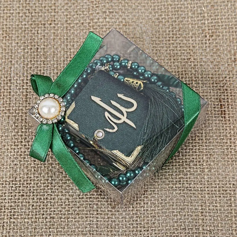 Elegant Velvet Mini Quran & Pearl Tasbih Gift Set - Luxury Islamic Keepsake with Arabic Full Text (4.5x5.5 cm)