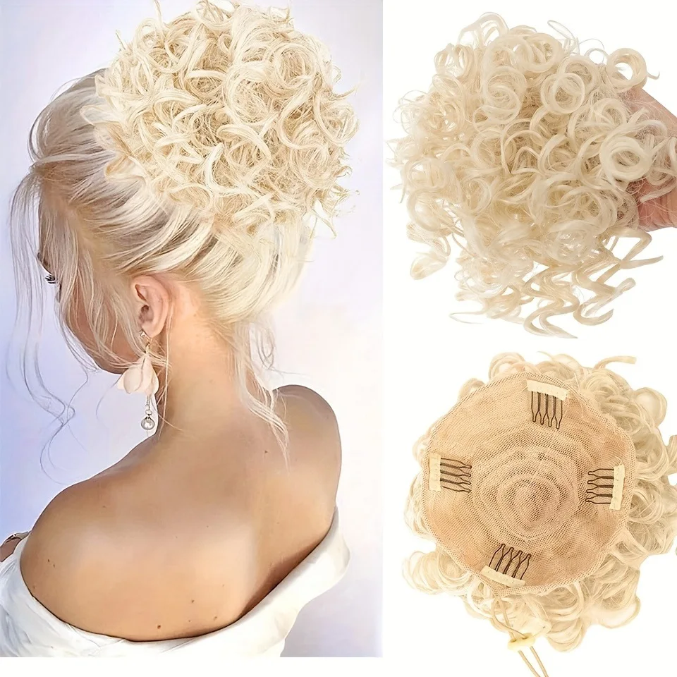 

A messy, loosely wavy bun with elastic drawstring, a short synthetic ponytail wig suitable for everyday wear by women