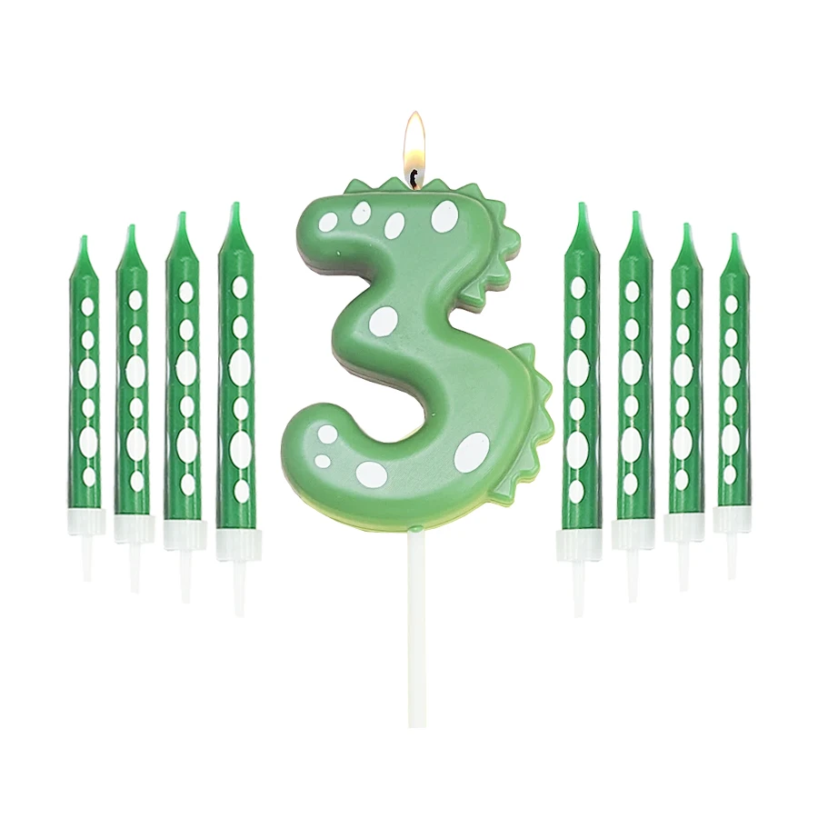Grüne Dinosaurier-Zahlen 0–9 + 8 Stück grüne Kerzen „Happy Birthday“-Kuchenkerze für Kinder, Prinz, Party, Cartoon-Dinosaurier-Dekoration – Detail 4
