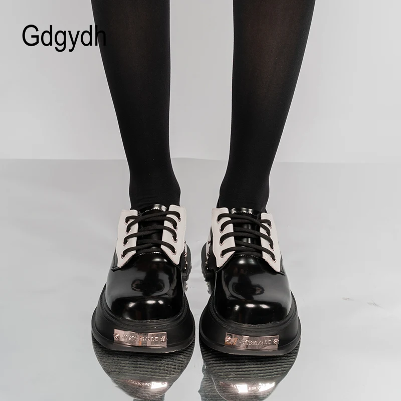 Gdgydh Womens Oxford Platform Shoes Chunky Heels Metal Lace Up British Style Goth Shoes Rubber Sole Lady Derby Shoes Black