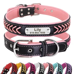 Coleira de couro acolchoada personalizada, coleiras trançadas, gravura livre, Pet ID Tag, placa de identificação para cães pequenos, médios e grandes