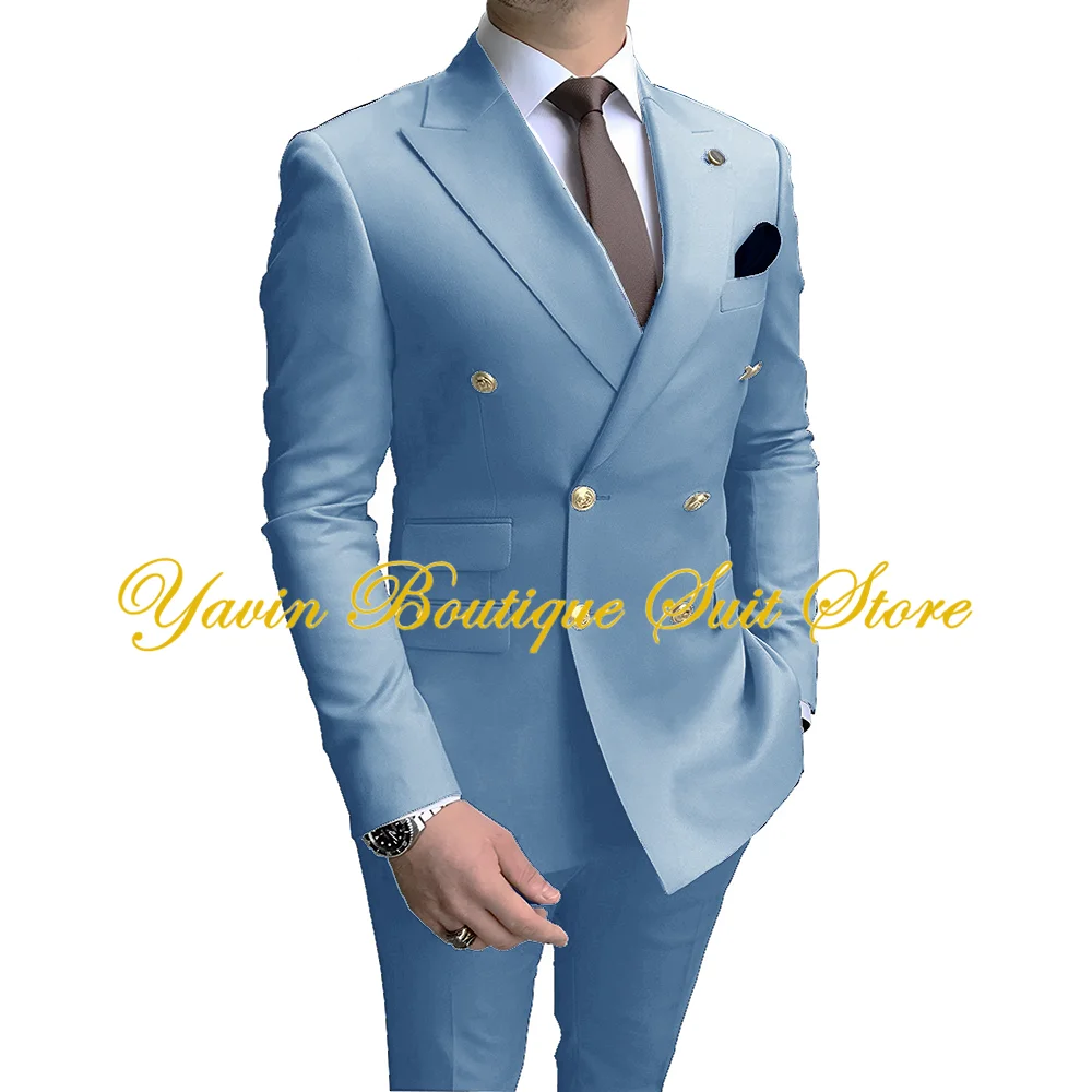 Formal Men\'s Suit 2 Pieces Slim Fit Double Breasted Blazer and Pants Solid Color Groom Tuxedo for Wedding