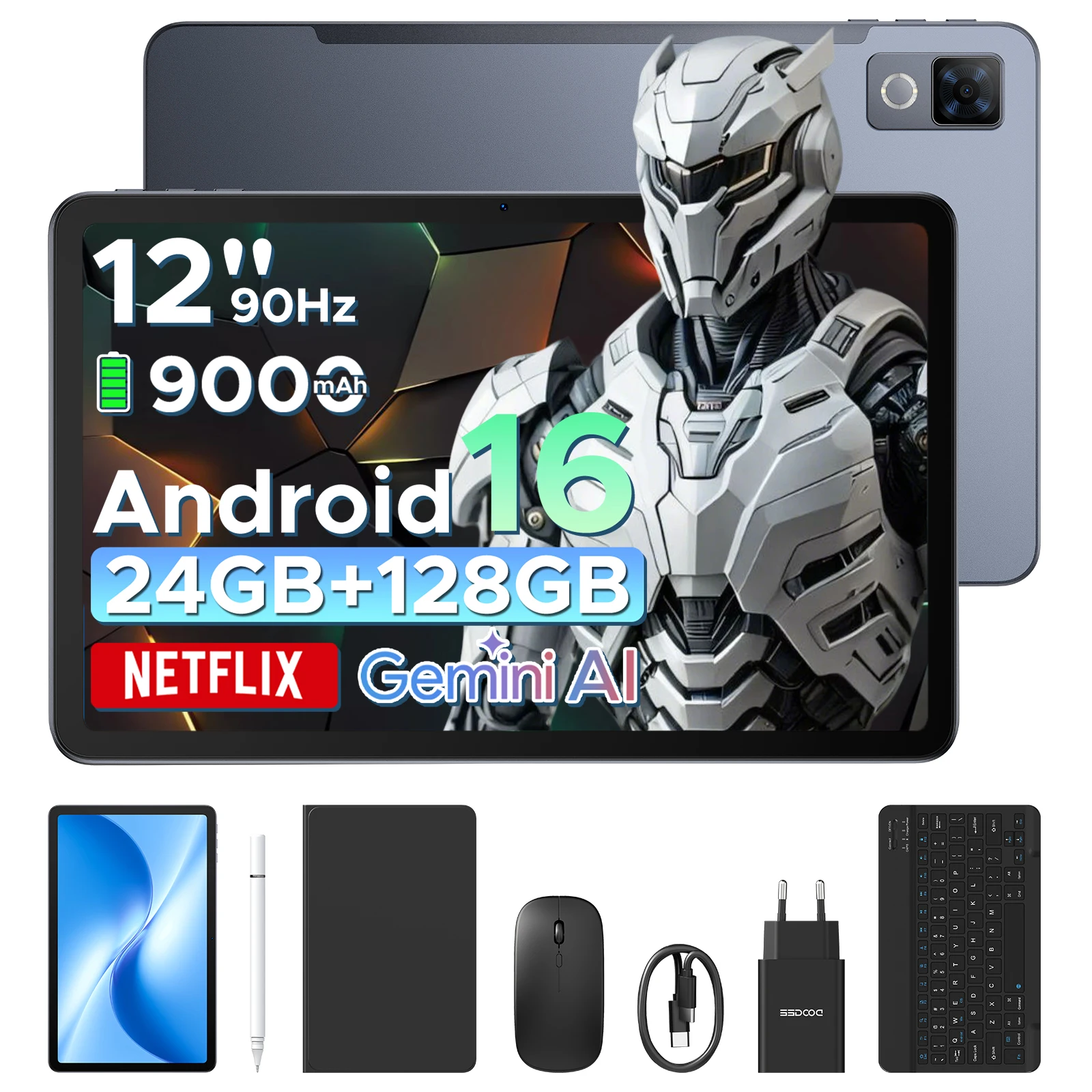 DOOGEE U12 Tablet 12 inch Android 16 Gemini AI 12'' FHD+ 90Hz scherm 24GB RAM+128GB 9000mAh batterij 7,8mm ultradunne tablet-pc