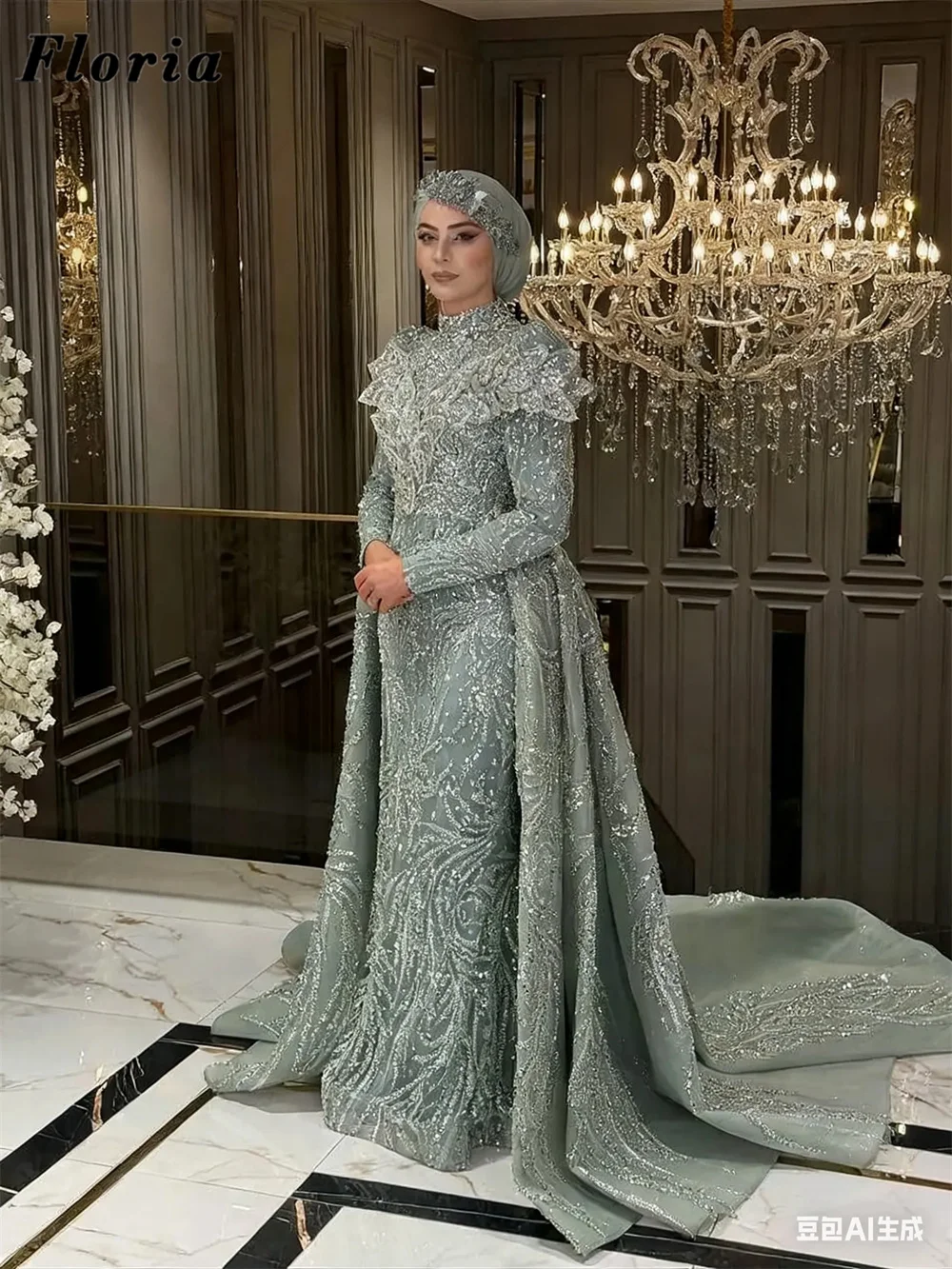 

Middle East Green Beading Evening Dresses Long Sleeves Wedding Party Dress Crystals Prom Gowns Vestidos De Cóctel Customized