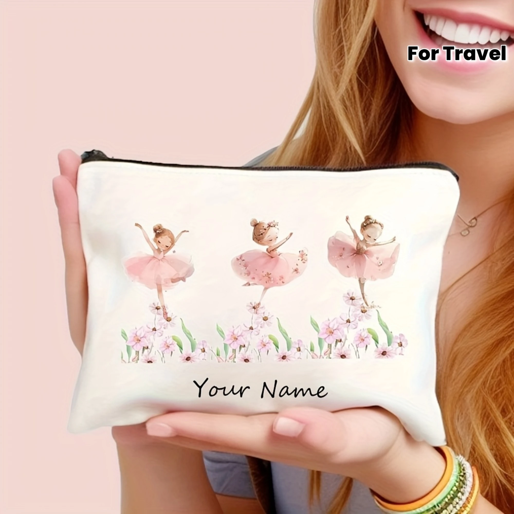 Custom Cartoon Ballet Girl Pink Floral Makeup Bag Spacious Foldable Open Top Pouch Travel Shopping Party For Girls