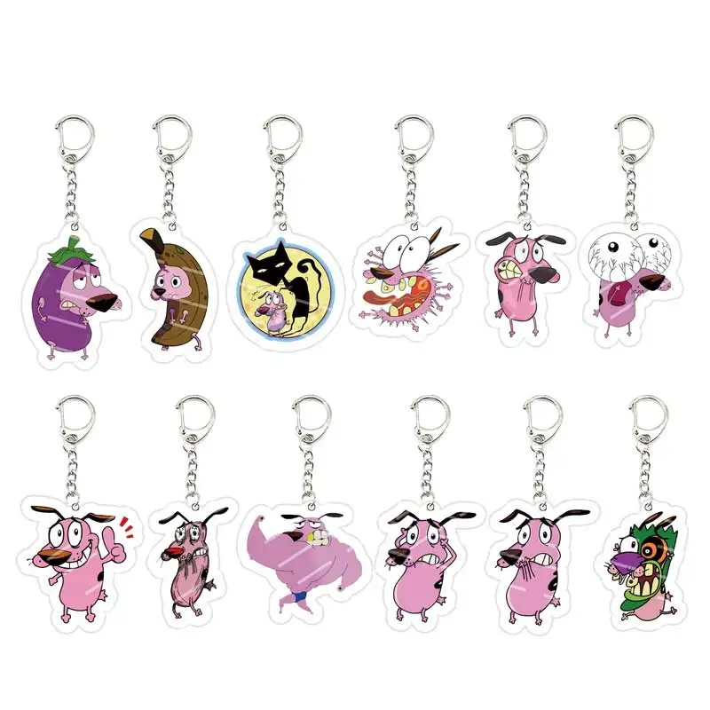 LLavero de perro rosa de coraje divertido acrílico, llavero colgante, llavero de cachorro cobarde, llavero para accesorios, bolsa, regalo para seguidores