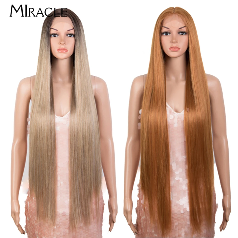 

MIRACLE 38 Inch Straight Lace Front Wig For Women Super Long Synthetic Lace Wig Ombre Blonde Wig Cosplay Wig Lace Frontal Wig