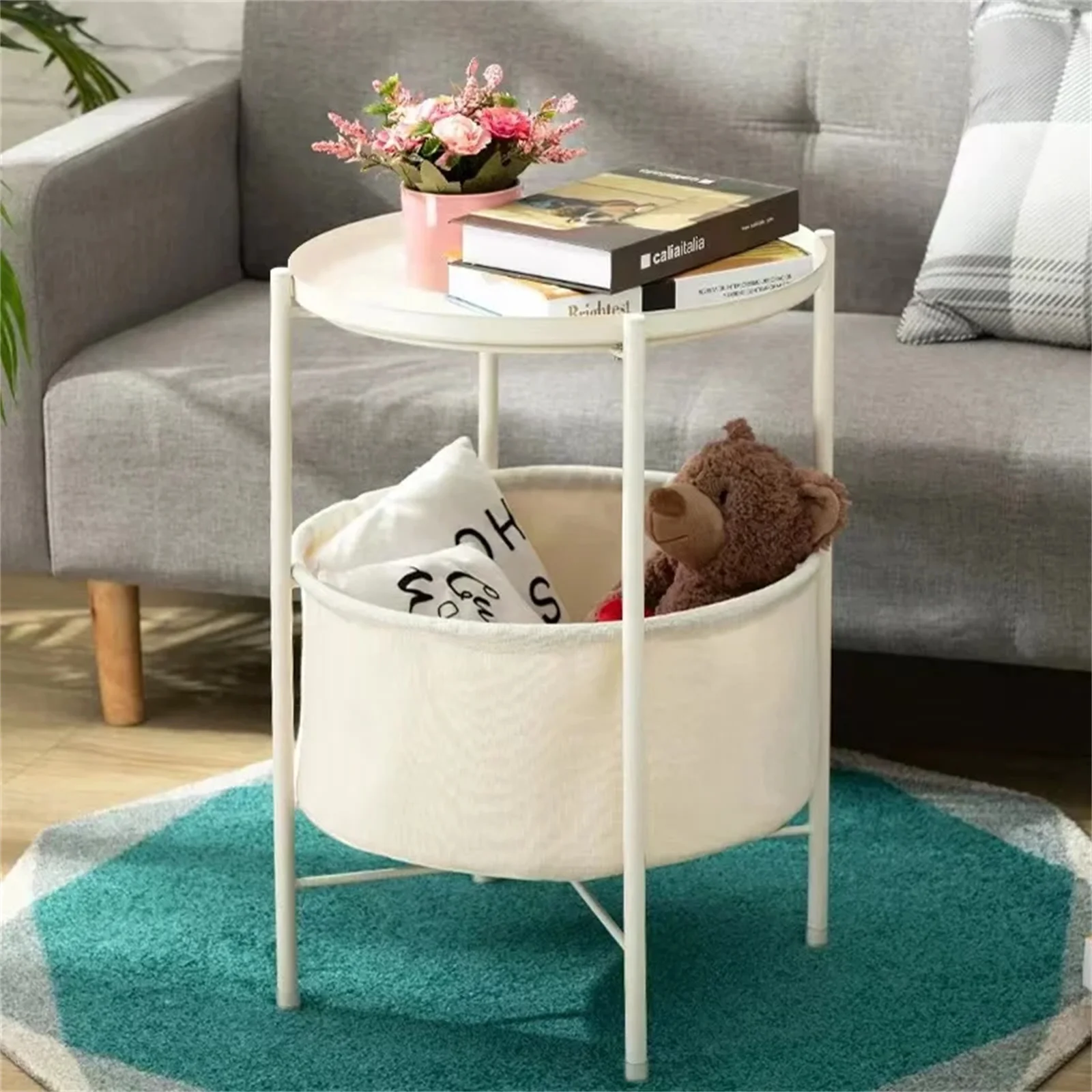 Folding end table 2 layer metal round side table dining table table nightstand removable tray for living room bedroom