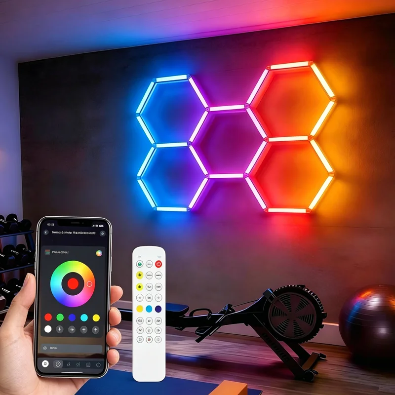 Panneaux LED hexagonaux RGB avec contrôle intelligent par application et télécommande, éclairage de plafond dimmable avec synchronisation musicale, plus de 300 couleurs, mode dynamique pour salle de jeux, chambre, salle de sport, garage, décoration