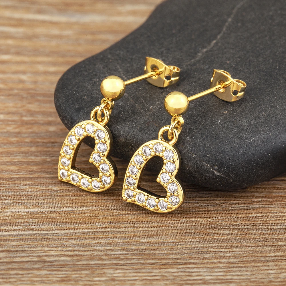 Nidin Korean Fashion Heart Shape Shiny Crystal Zircon Charm Stud Earrings For Women Hollow Design Ear Jewelry Accessories Gifts