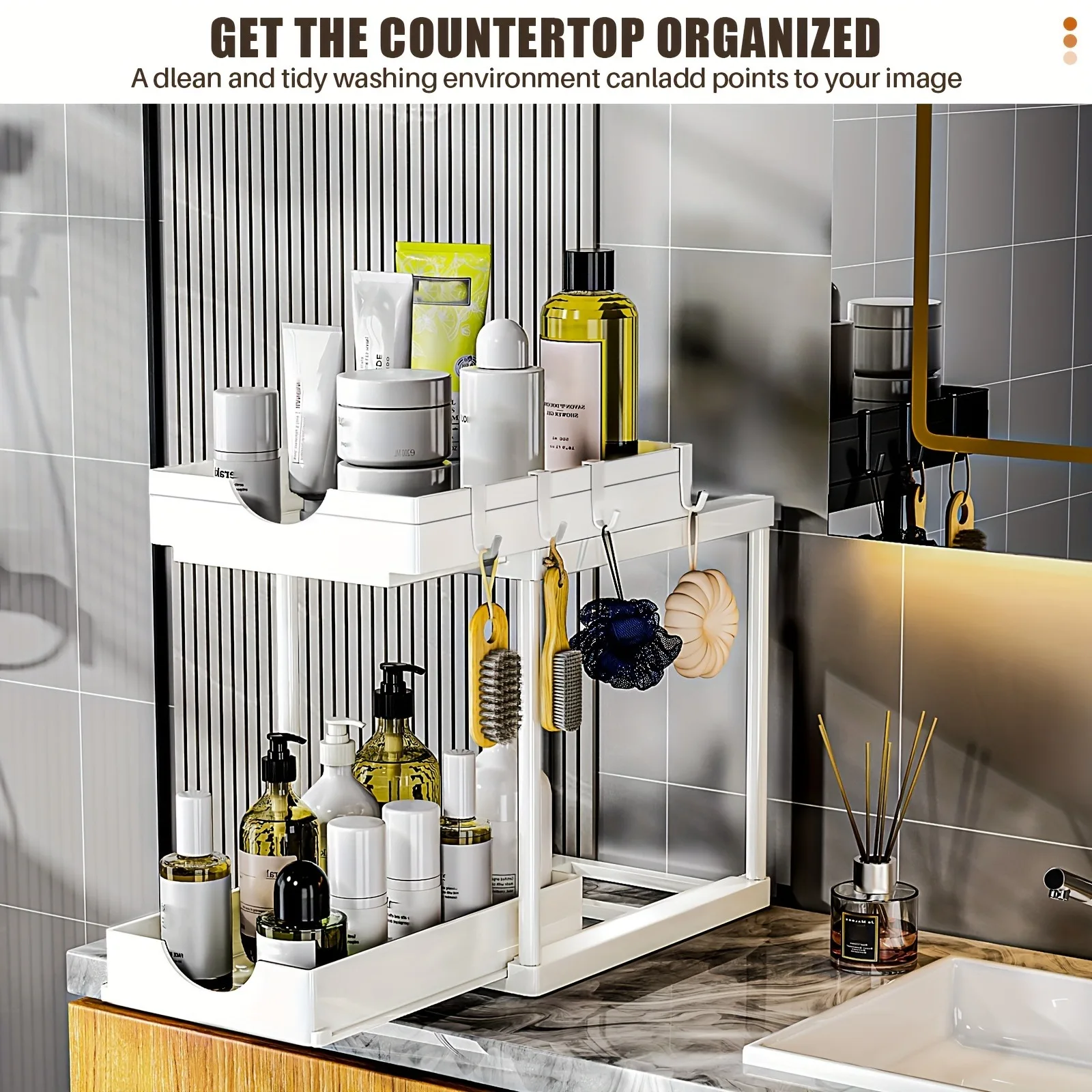 2 Tier Under Sink Organizer Sliding Cabinet Basket Organizer Drawer Under Sink Storage Rack with Hook Bathroom Kitchen Organizer