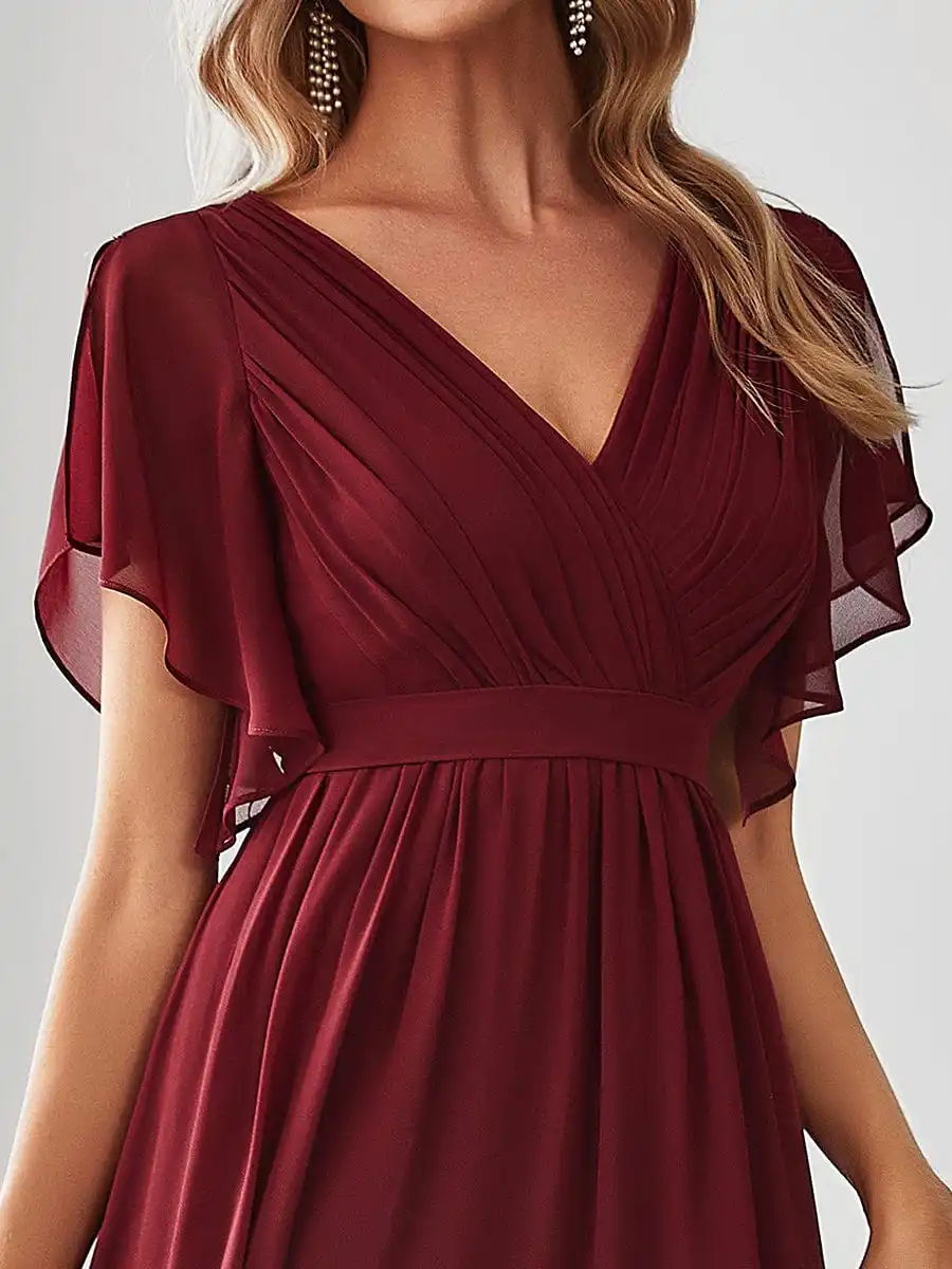 LoveDoris Bridesmaid Dress Chiffon Long Dress A-line Evening Prom Dress Short Sleeves Burgundy Wedding Party Dress