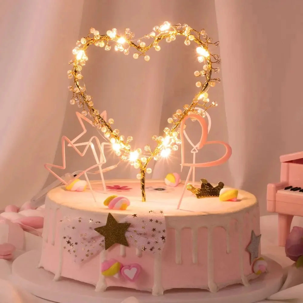 Décoration de gâteau en perles LED en forme de cœur, Cupcakes joyeux anniversaire pour bébé, outil de décoration de fête