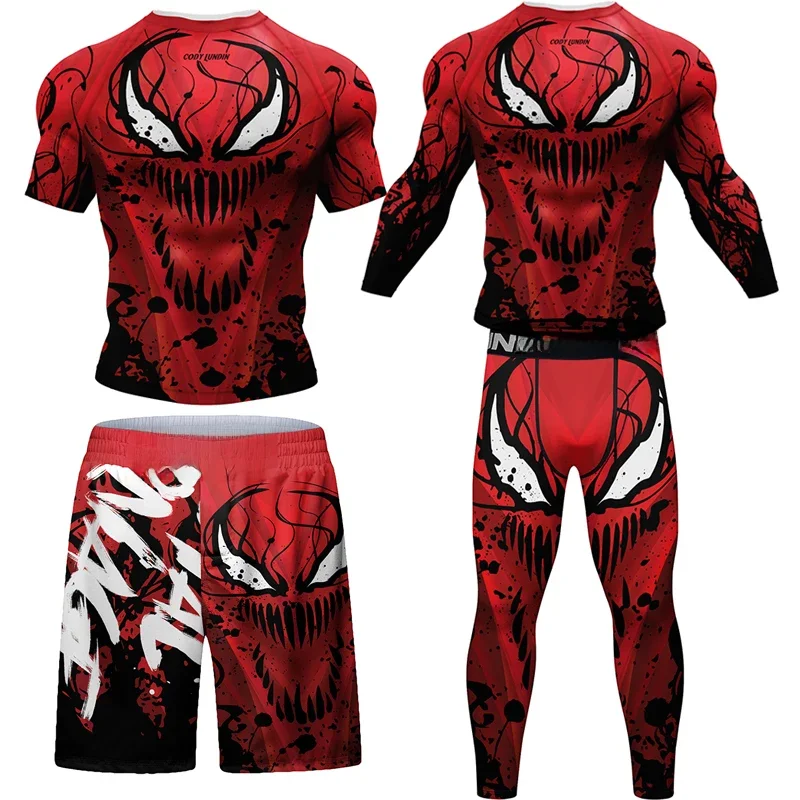 Nowy męski zestaw kompresyjny MMA 2023: koszulka, spodenki, strój Spartan, rashguard, koszulki do Jiu Jitsu, odzież fitness, BJJ, boks, stroje sportowe. — zdjęcie 2