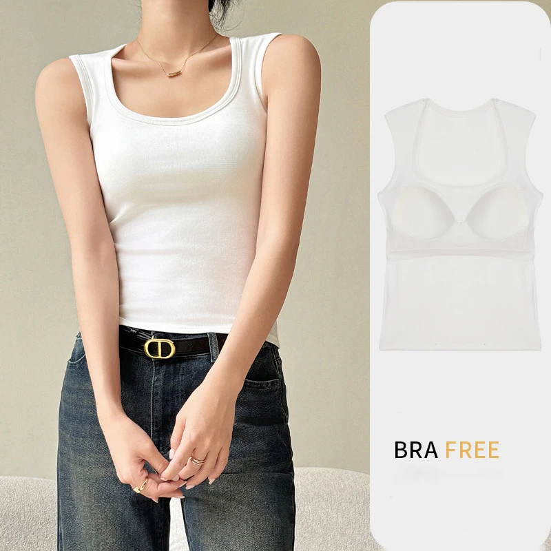 

Korea Stylish Women's Camisole with Padded Bust Solid Color Sleeveless Undershirts Slim Tops Concealing Side Cleavage C5725