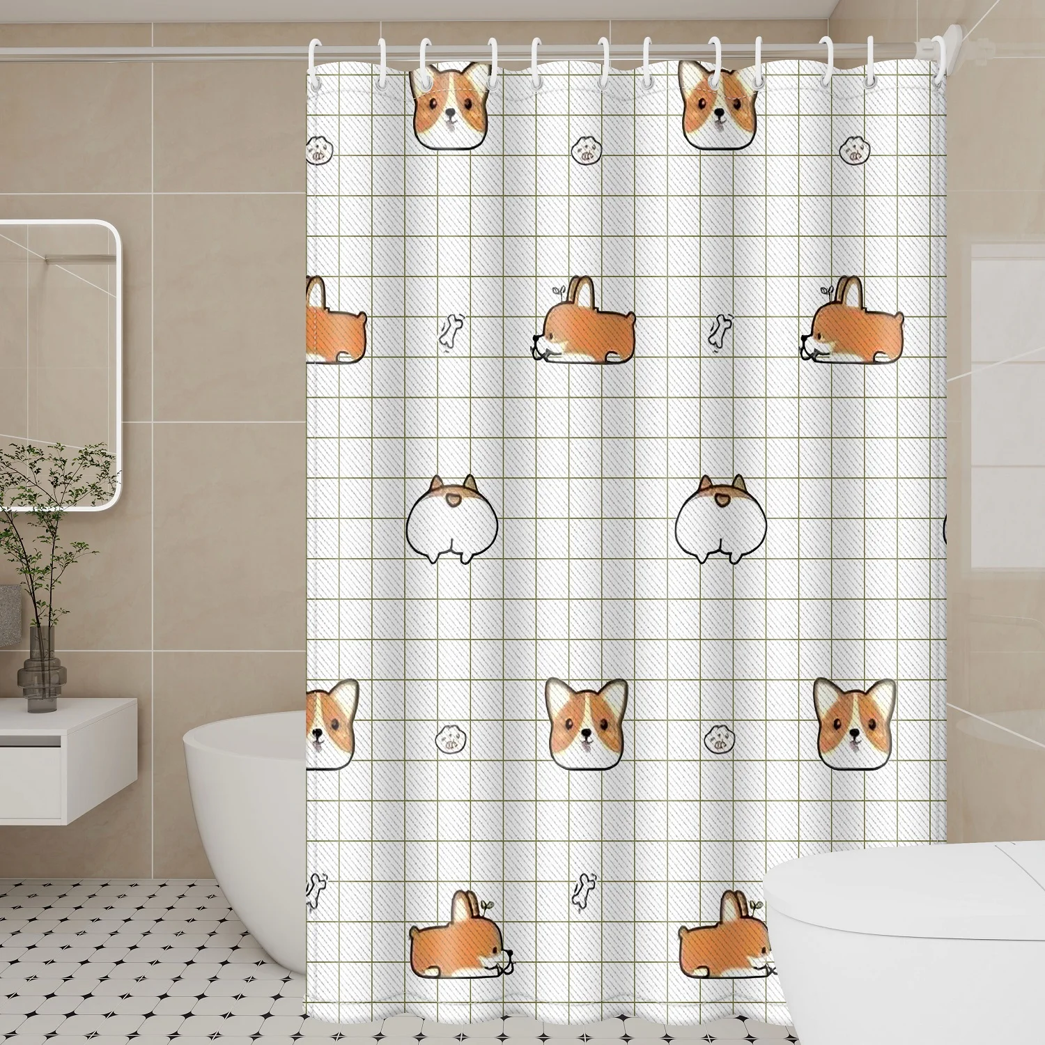 Cute Cartoon Corgi Shower Curtain - Playful Polyester for Fun Dog Lover Bathrooms