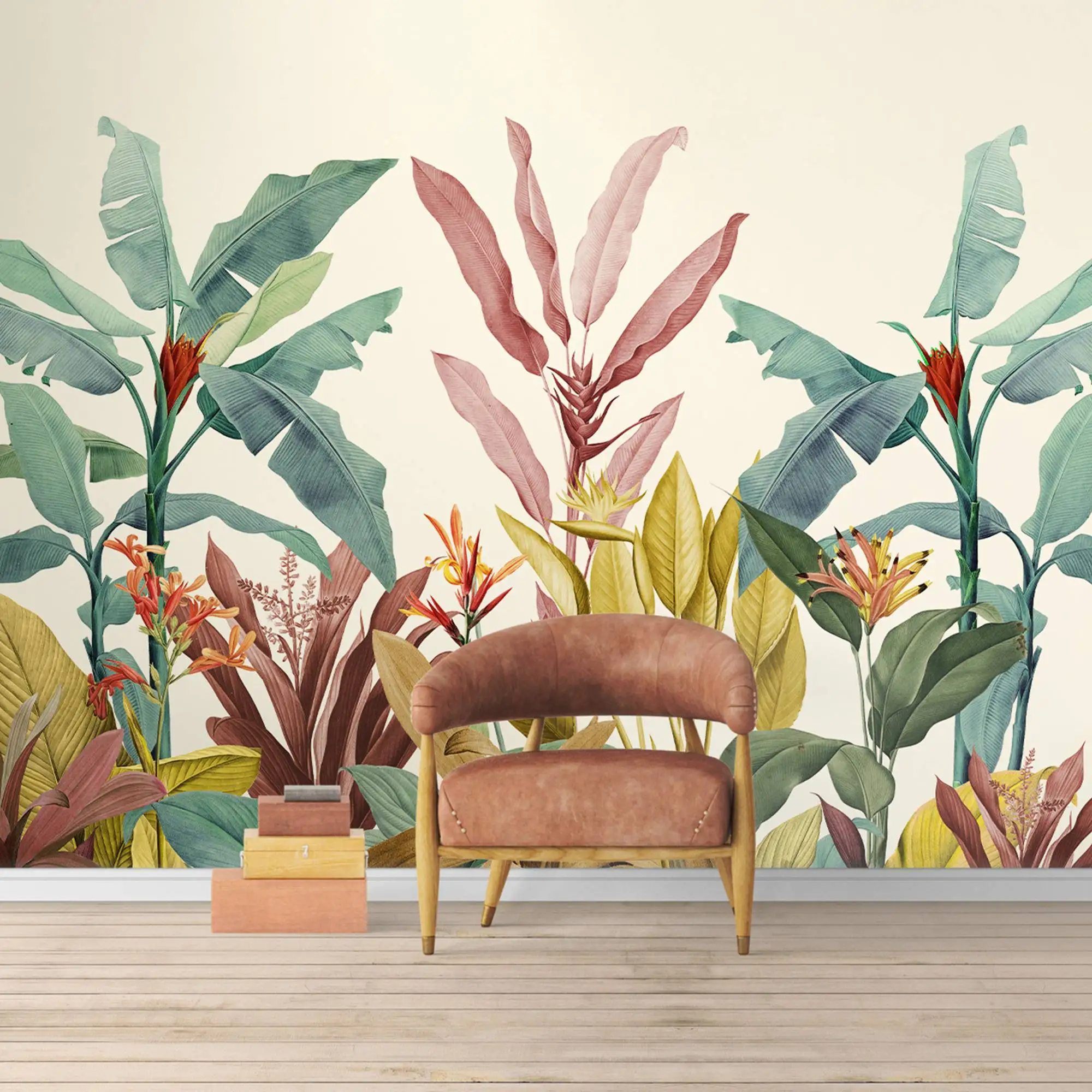 Redouté Dusty Pink and Teal Vintage Tropical Minimalist Wallpaper Mural