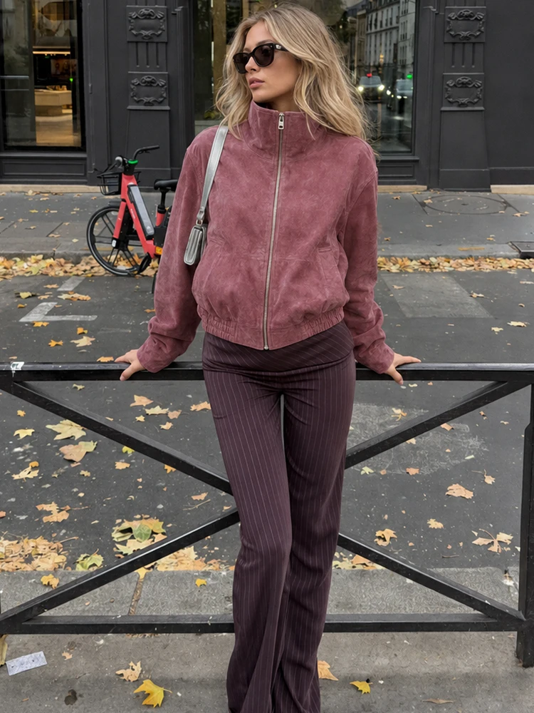 HH Casual Burgundy Leather Bomber Jacket For Women’s Vintage Autumn Stand Collar Zip-Up Ribbed Hem Flight Coat Streetwear