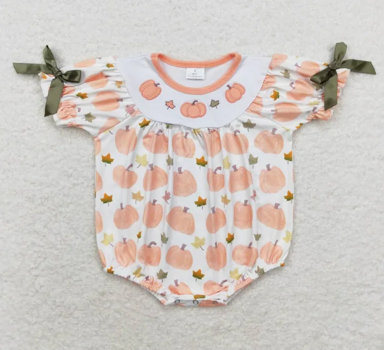 

Комбинезоны с короткими рукавами и бантиками для маленьких девочек, осенний комбинезон с вышивкой тыквы для маленьких девочек, пузырьковый Ронс