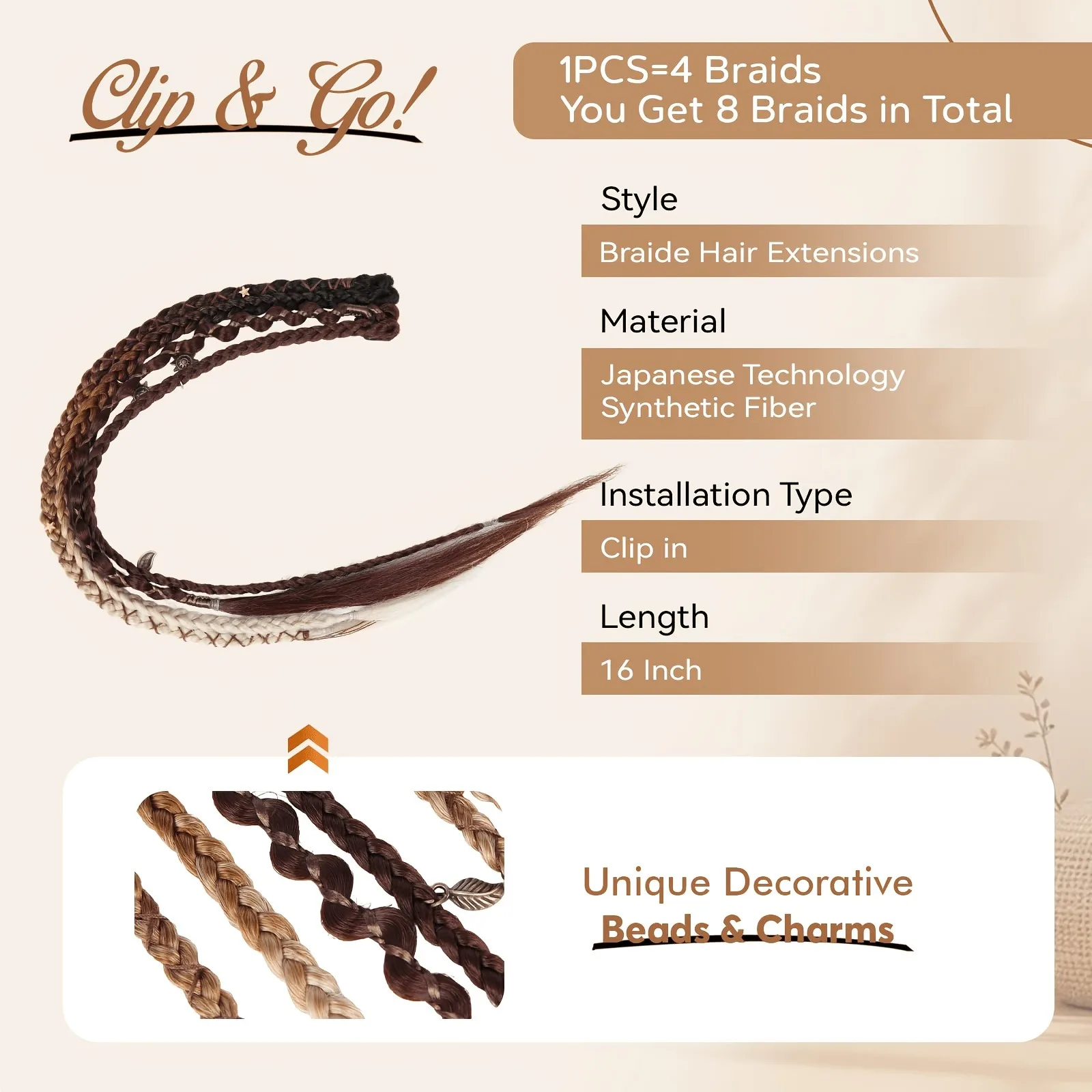 Bohemian Style Synthetic Twists Braided Ponytail Hair Extension With Beads Charms Handmade Boxing Braids Hairpiece With BB Clip