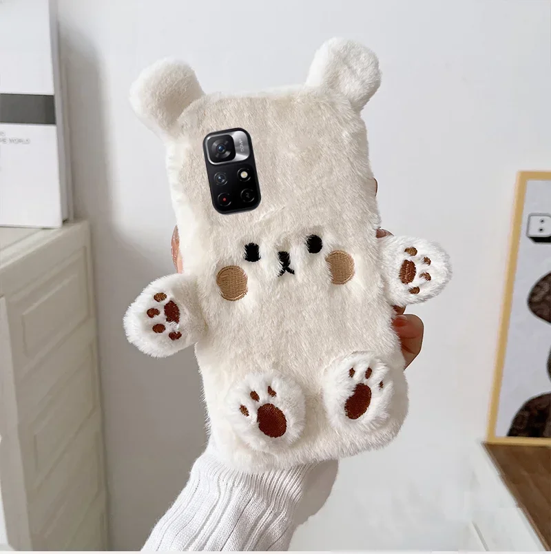 Coque de téléphone en fourrure d'ours marron, étui mignon pour Xiaomi Redmi A3 13C Note 13 Pro Plus 12 pro 12S Mi Poco M6 X6 13T 14 automne hiver