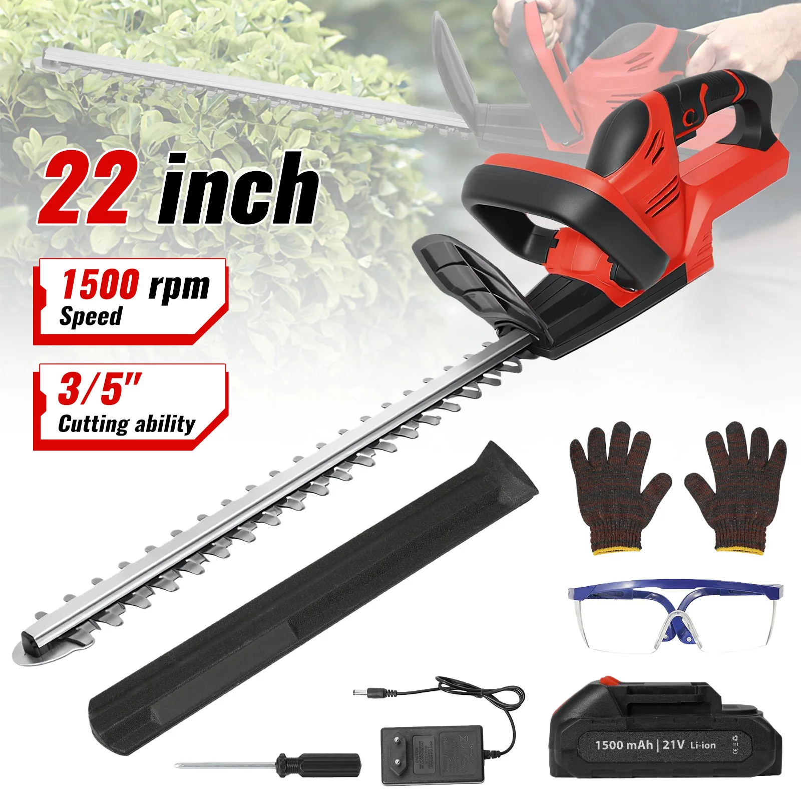 Taille-haie sans fil 21V 22 pouces, batterie 7500mAh et chargeur, lames en acier trempé double action 1500 tr/min, léger pour l'élagage des arbustes de jardin