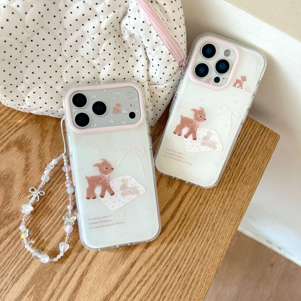 Kawaii Deer Pattern Phone Case for iPhone 17Pro 16Max 15 16 17 Pro Max 15Pro Cute Anti-Fall Protection Set Girls Gift With Charm