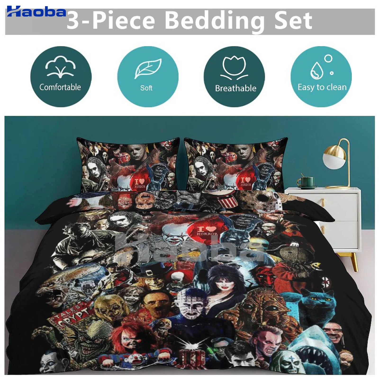 Juego de cama de tres piezas con estampado de personaje de película de terror para niños o adultos, fundas de edredón para camas, regalos de cumpleaños para mujeres y hombres