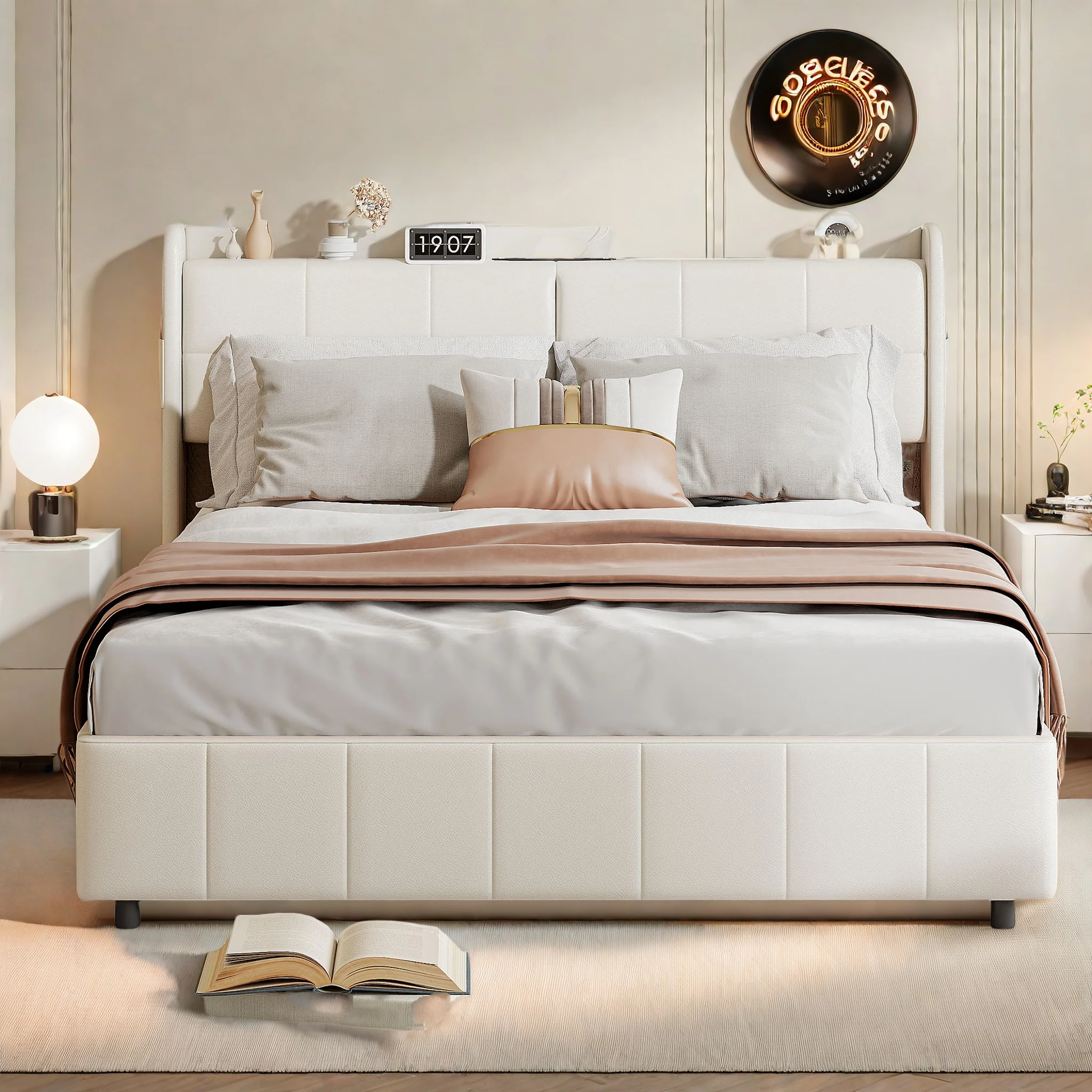 سرير تنجيد مزدوج من Aura خشبي مقاس 140 × 200 سم مع 4 أدراج لمسند ظهر للتخزين مع إطار شرائحي من جلد البولي يوريثان