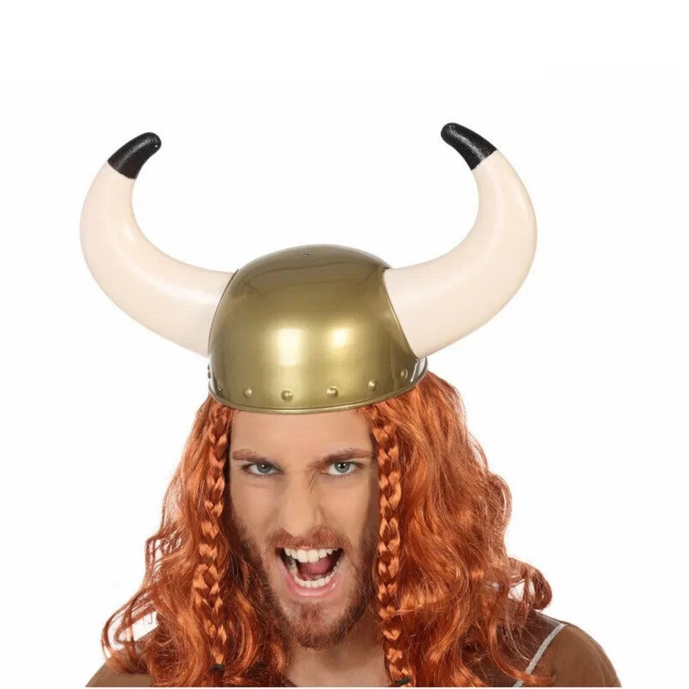 Casco vikingo cuernos, cor dorado, adulto desfaraz completo sombreros gorro