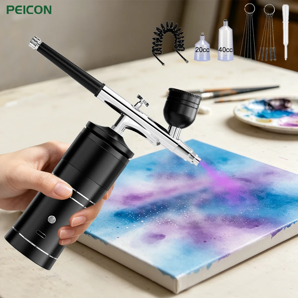 Zestaw do airbrush z kompresorem, mini pistolet natryskowy, akumulatorowy spryskiwacz do paznokci, aerograf do malowania paznokci, makijażu, modelarstwa, tatuażu. (Black)