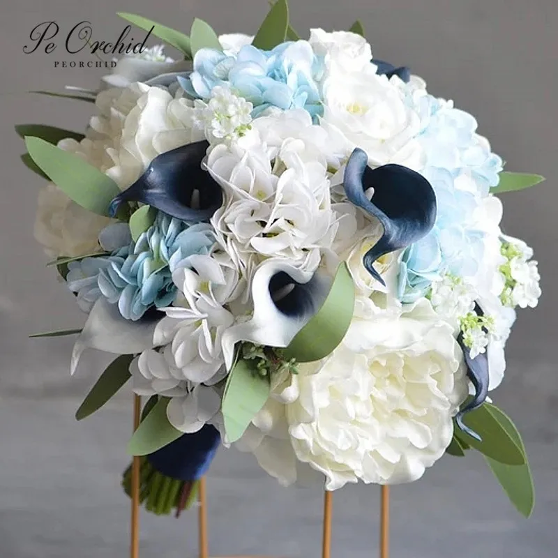 

PEORCHID Charm Navy Blue White Bridal Bouquets Peony Silk Hydrangea Rustic Artificial Roses Wedding Hand Flowers Custom Bouquets