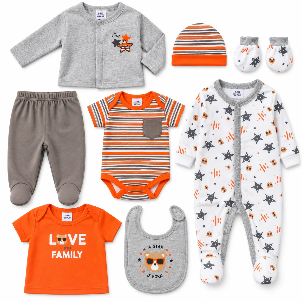 Baby Clothing Essentials Newborn - 8-teiliges Babykleidungsset 0-9M Neugeborenen-Bekleidungsset mit Sternen-Bären-Print,