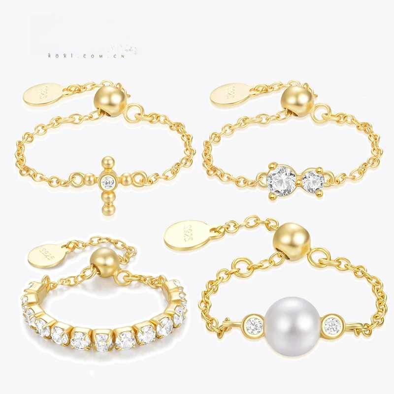 ROXI 925 Sterling Silver Luxury Zircon Pearl Regulowany łańcuszek Pierścionek dla kobiet Mężczyźni Jednorzędowa cyrkonia Biżuteria ślubna Pierścionek na imprezę — zdjęcie 2