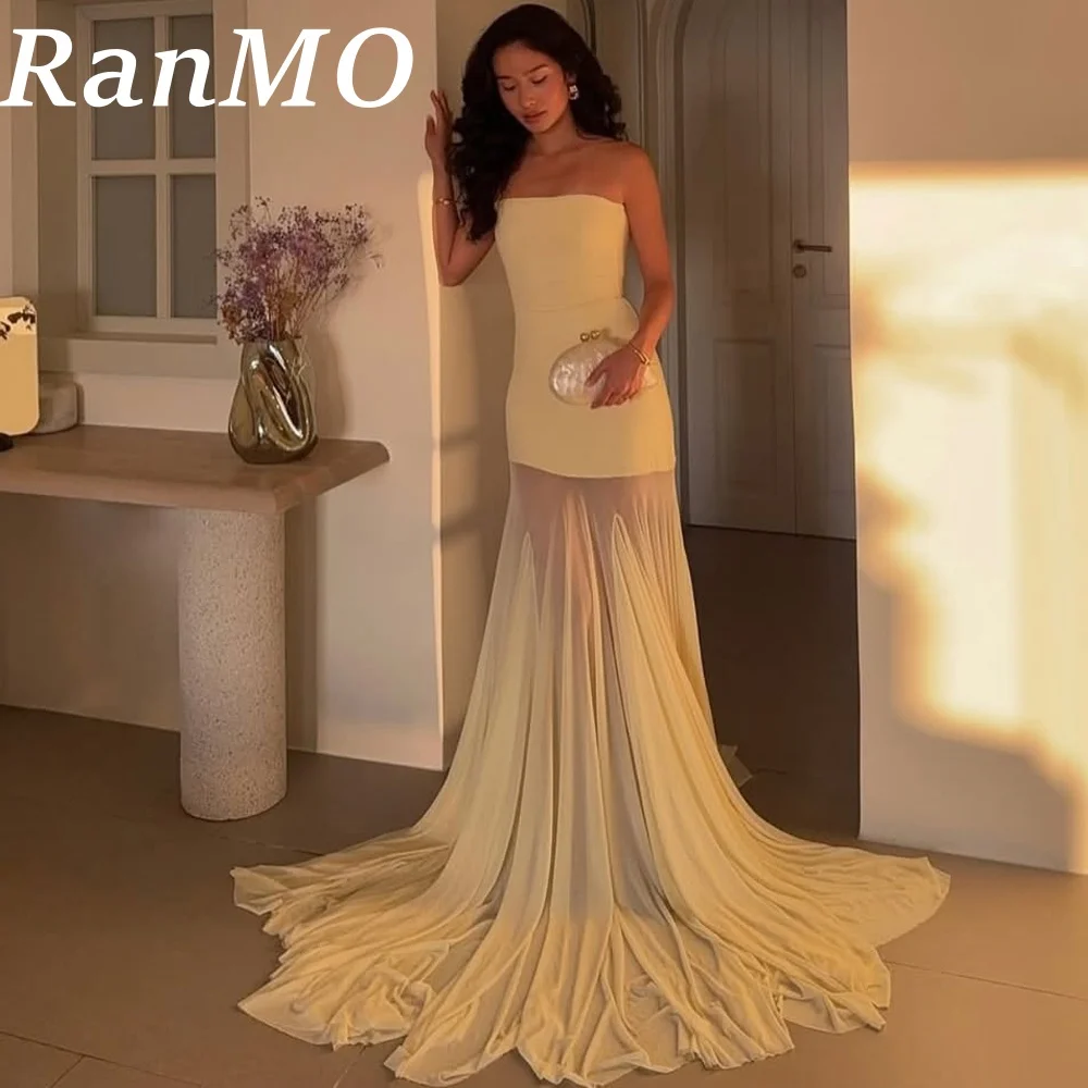 

Ranmo желтое шифоновое вечернее платье без бретелек Русалка платья для выпускного вечера сексуальный комплект из двух предметов арабские платья для выпускного вечера Ид по индивидуальному заказу 2025